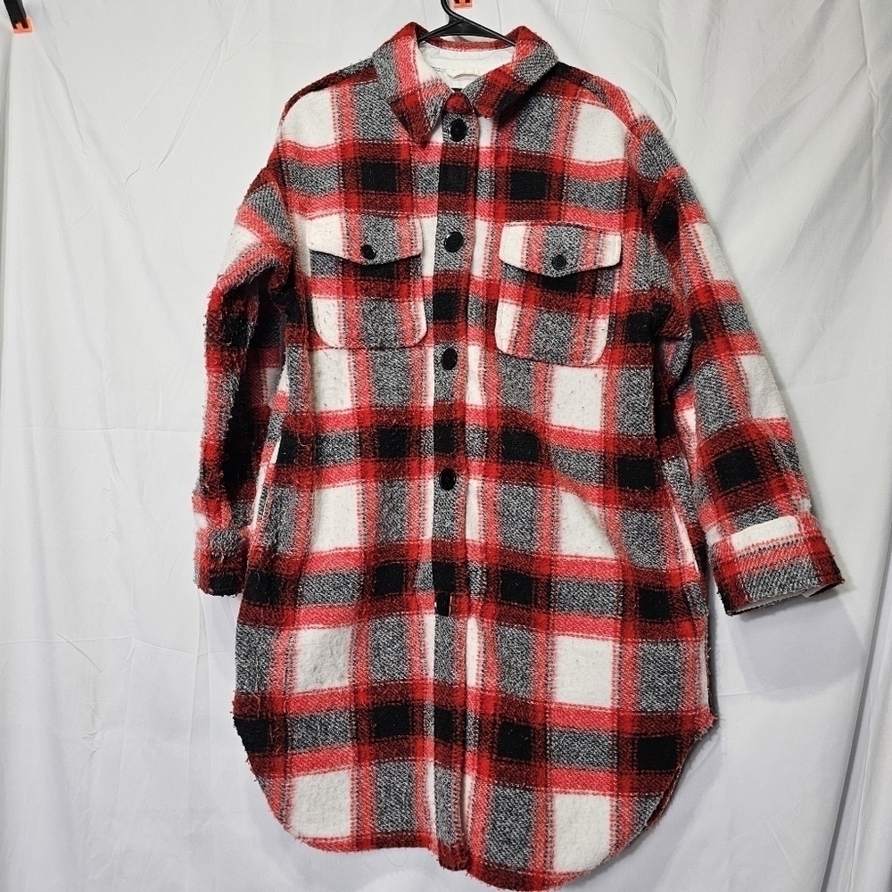 Marc New York Medium red white and black Plaid trucker shirt jacket